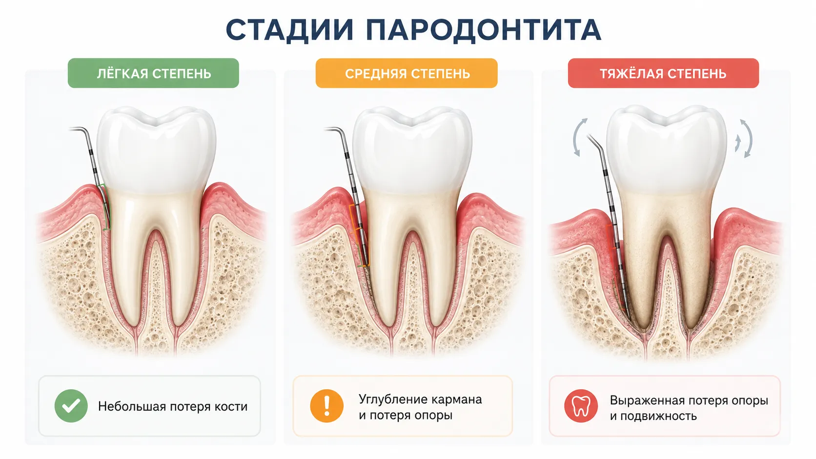 Стадии пародонтита: лёгкая, средняя, тяжёлая степень